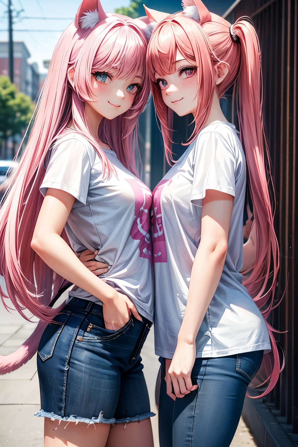Top quality, 2girls,High resolution, Perfect human structure, Cat ears, Front view, Glossy hair, Pink hair, Twin-tail, Urban, Gradient eyes, Sleek bangs, Frontal angle, T-shirt, Jeans, Smile