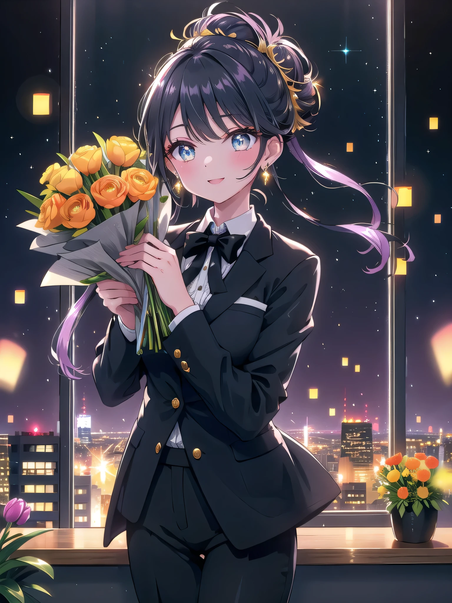 ((8k, Highest quality, masterpiece: 1.3)),Ultra-high resolution,(1 girl, alone), (Color changing eyes, Ultra-detailed, Expressive brilliance, Glitter, Glowing Eyes), Highly detailed eyes, Highly detailed face, Random Hair, ((pastel colour))Imagine a woman in a chic, modern office space with large windows offering a panoramic view of the city skyline. She’s holding a massive bouquet bursting with fiery orange tulips, soft lavender sprigs, and delicate yellow ranunculus, wrapped in textured metallic paper with a sophisticated black ribbon. The bouquet is impressively large, with flowers spilling generously, making a bold and joyful statement. She’s dressed in a sleek navy blue blazer paired with a tailored white blouse and slim-fit charcoal trousers, reflecting a professional yet stylish look. Her hair is styled in a smooth, polished bun, with delicate gold earrings adding a touch of elegance. Facing the camera, she smiles broadly, her eyes bright with excitement and warmth, conveying her heartfelt congratulations. She extends the bouquet forward with both hands, leaning slightly forward, her posture animated and lively as if she’s eagerly handing over a precious gift. The background features sleek office furniture, a few decorative plants, and the glow of the city lights, with gentle sparkles enhancing the modern and celebratory atmosphere.

