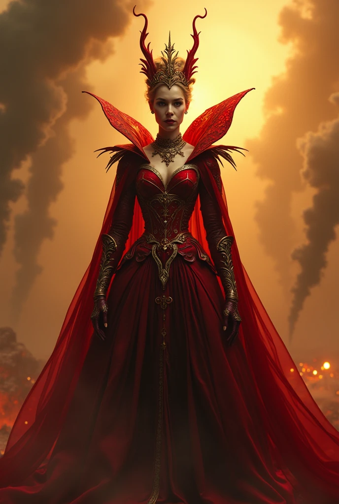 A sexy and malevolent red queen in a sky full of smoke and honey