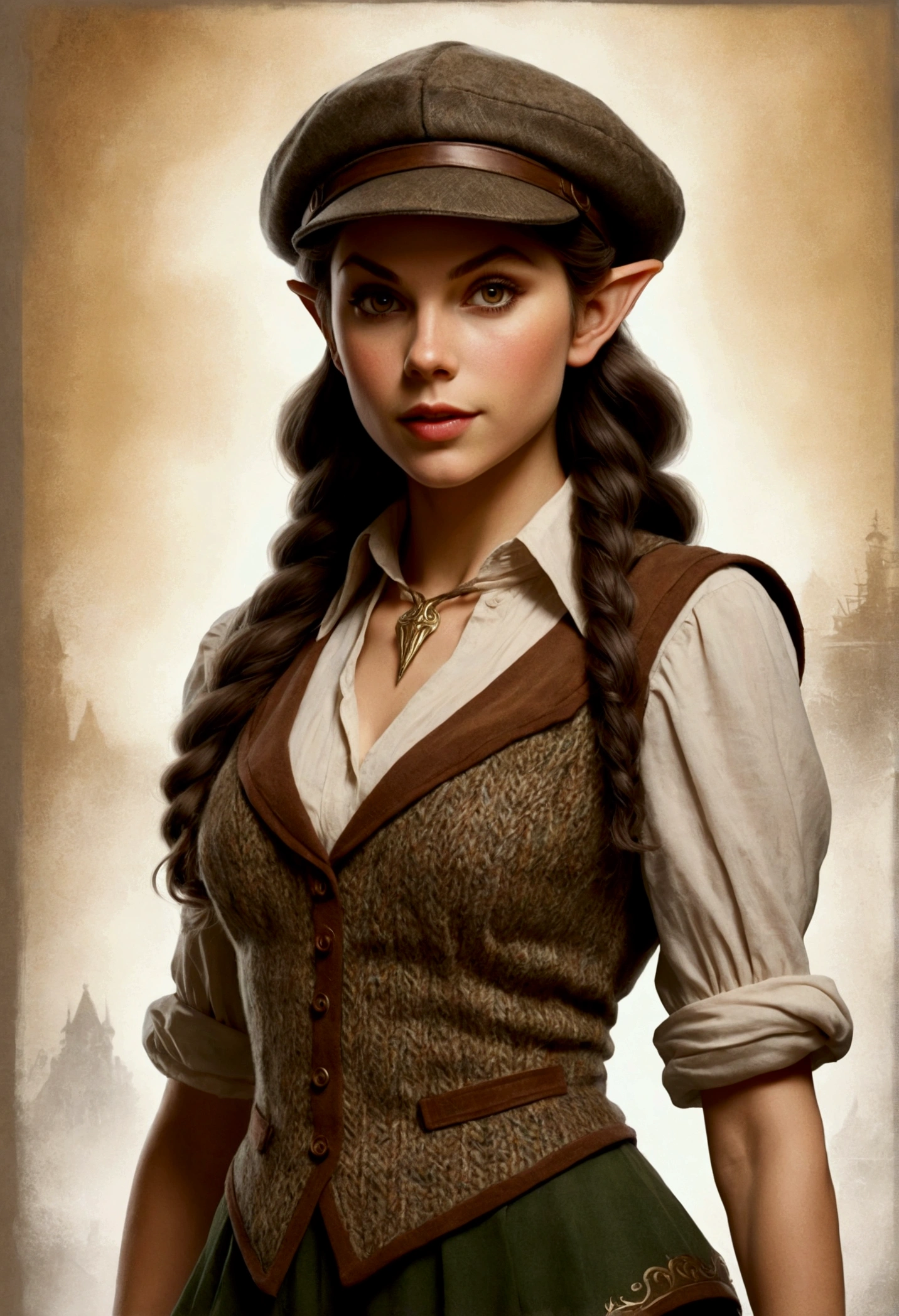 An illustrated movie poster, hand-drawn, full color, an elven maiden, wearing a tweed vest and a newsie cap, tall, toned, amazonian stature, athletic hourglass figure, busty bosom, long pointy elf ears, amber eyes, dark hair, warm almond skintone, freckles, resembles Taylorr Swift, standing on a foggy Victorian-era street corner, graphite shading, stencil marks, airbrushed acrylic paint, masterpiece, elf ears