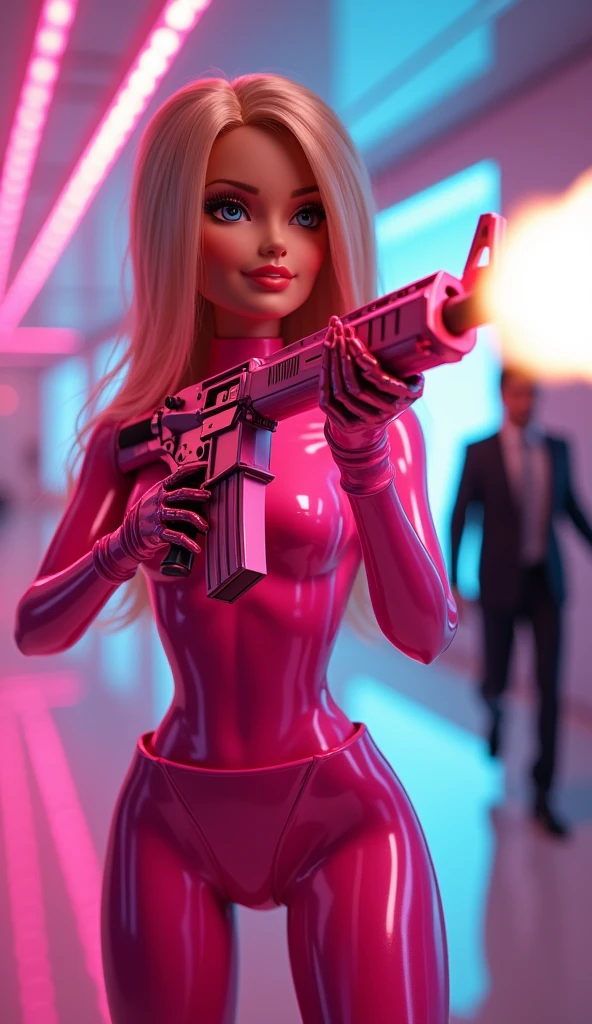 Military Barbie robotic latex, shiny, sizzling hot, (Skinny anorexic doll body), vibrant colors, futuristic, seductive expression, pink latex suit, sleek metallic surface, high gloss finish, intricate details, alluring pose, neon lights, vivid shadows, cyberpunk vibes, ((shooting an PINK AR15 weapon at a man who is reunning away)), ( Pink AR-15 carbine), (Pink Assult weapon AR15), glamorous atmosphere, perfect lighting, ultra-detailed, realistic rendering