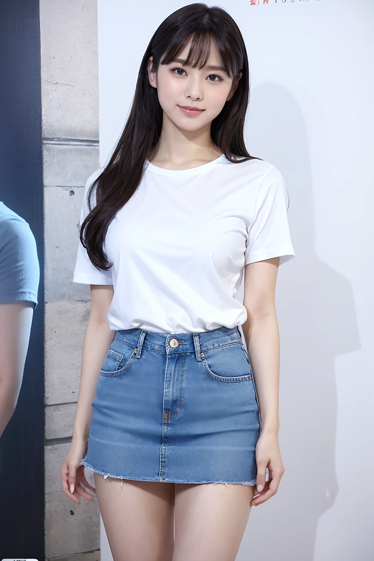 Medium Size Display, Medium Shot, Written boundary depth, Photograph the whole body, Movie angle,Action pose、masterpiece, Highest quality, Very detailed, CG, 8k wallpaper, Semi-long hair、Beautiful Face, Delicate eyes, Otome, alone, smile, cute、White T-shirt,Light Blue Denim Mini Skirt