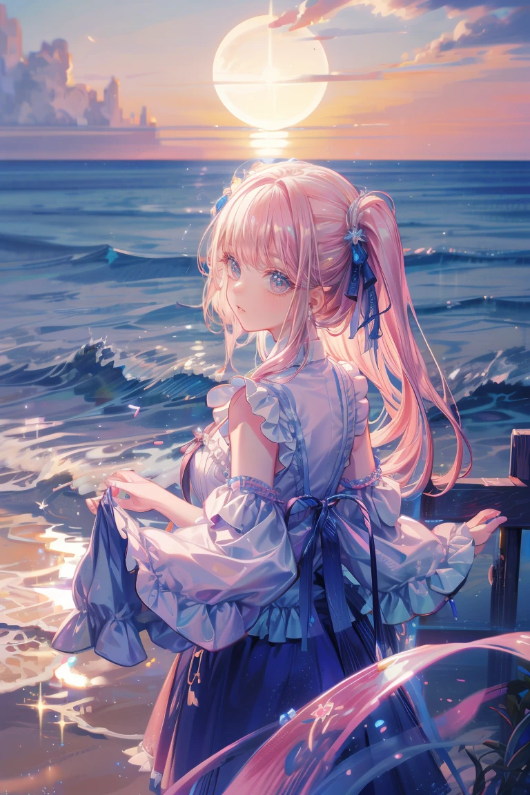 (High quality, 8K), (soft light), a girl, detailed face, detailed eyes, blue eyes, watercolor painting, pink dress, very magical, dreamlike, dreamy detail, dreamy atmosphere and drama, gorgeous atmosphere, dreamy Beautiful atmosphere, beautiful atmosphere, dreamlike romance, fantastic and dreamlike theme, magical environment Qi, beautiful atmosphere, anime background art, magical atmosphere + table top, dreamlike aesthetics, beautiful details with atmosphere, details Fine and beautiful five-fingered hands, gentle waves rising on the quiet beach at dawn It reflects the soft pink and orange shades of the sun. A young girl in a simple white dress walks barefoot along the coastline. Her hair flows gently in the morning breeze, looking ahead with a calm expression that symbolizes hope and a new beginning. The sky is vast and clear, and the light and thin clouds add to the quiet atmosphere. The sun is just above the horizon and shines golden when it comes into contact with water and sand. In the background, the calm sea and the shining sun work together to create infinite possibilities and a sense of bright future.
