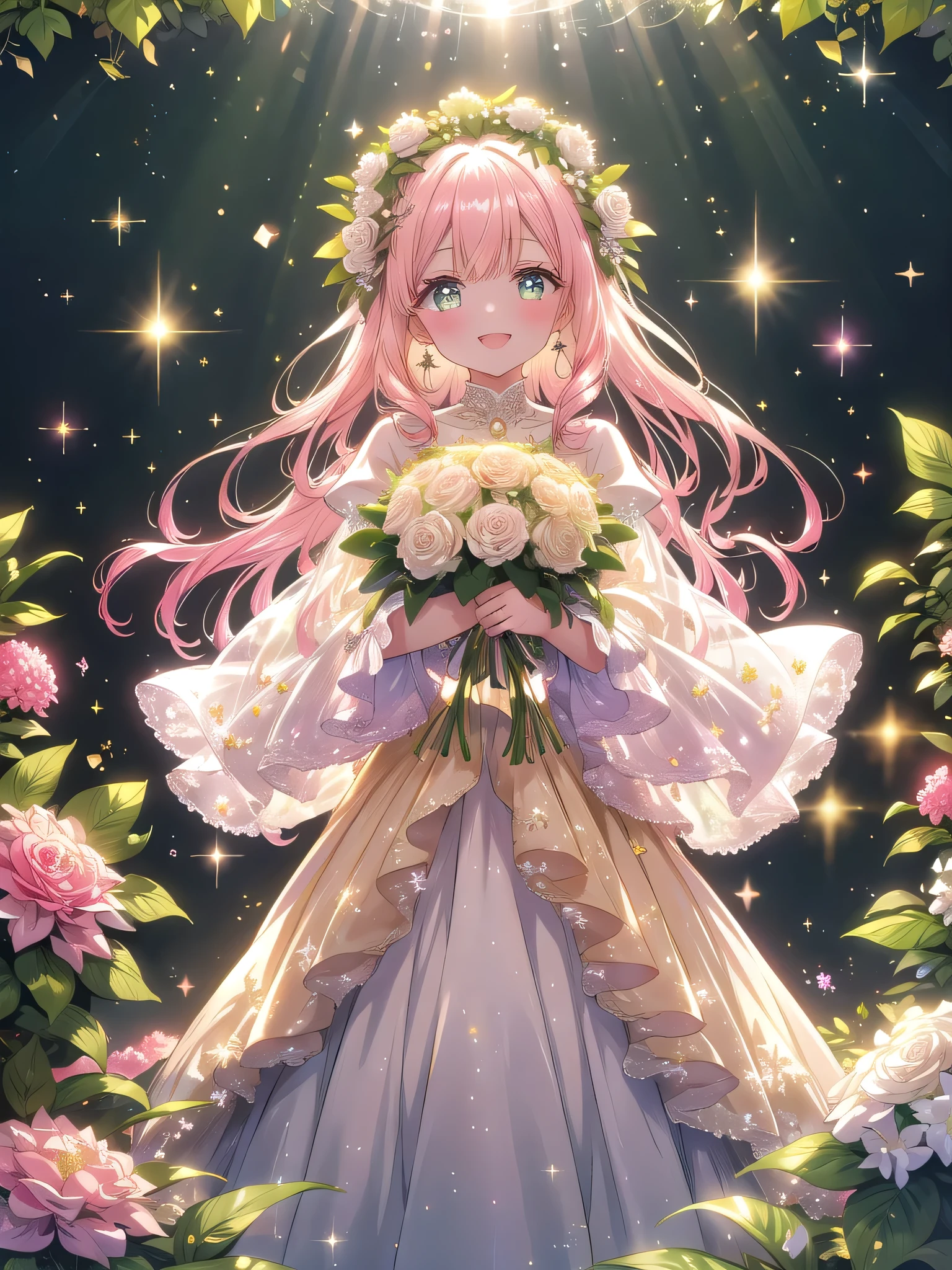 ((8k, Highest quality, masterpiece: 1.3)),Ultra-high resolution,(1 girl, alone), (Color changing eyes, Ultra-detailed, Expressive brilliance, Glitter, Glowing Eyes), Highly detailed eyes, Highly detailed face, Random Hair, ((pastel colour))Visualize a woman standing in a grand, sunlit greenhouse filled with exotic plants and blooming flowers. She holds an extravagant bouquet overflowing with deep pink peonies, white hydrangeas, and cascading greenery, wrapped in sheer blush organza with golden accents. The bouquet is lavish, large enough to obscure part of her torso, creating an overwhelming sense of abundance and joy. She’s dressed in an elegant ivory blouse with subtle ruffles at the neckline and a fitted sage green pencil skirt, exuding modern sophistication. Her hair is styled in soft, voluminous curls that frame her glowing face. Facing the camera, she beams with a radiant, heartfelt smile, her eyes sparkling as if sharing in the delight of the moment. She presents the bouquet forward with both hands, slightly bending at the waist, her body language exuding a joyful and celebratory vibe. The background includes towering ferns, vibrant blooms, and sunlight streaming through the glass, with soft, magical sparkles that add a whimsical touch to the lush and vibrant setting.
