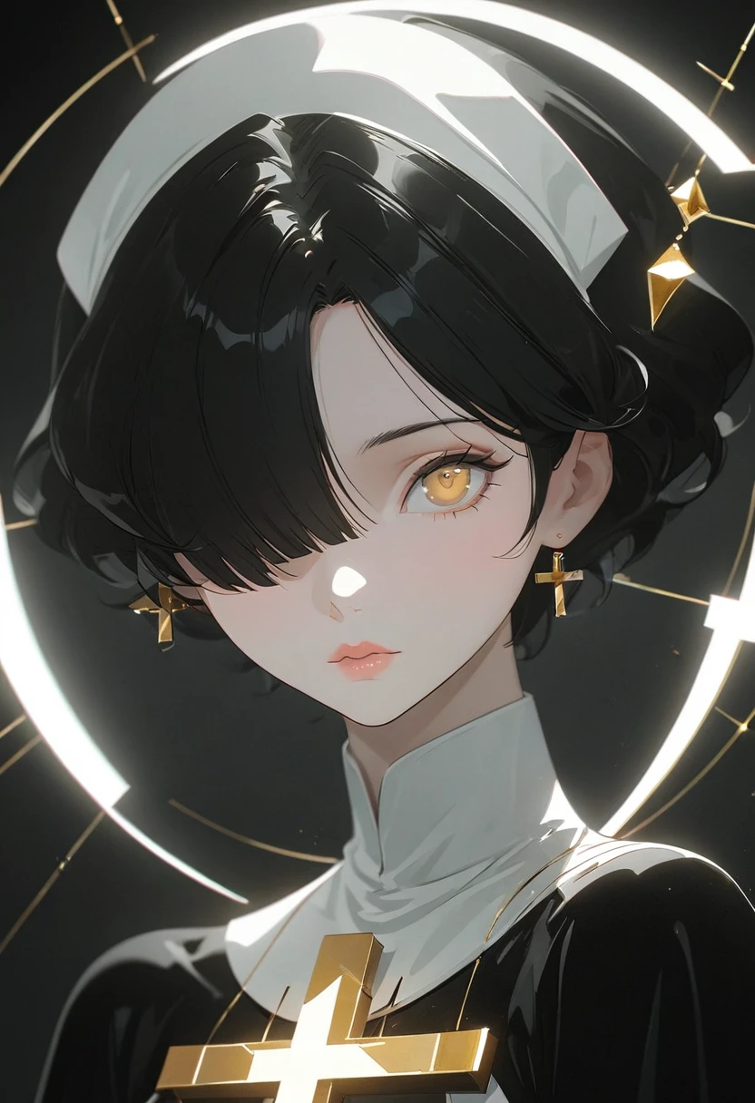 From rella, author:Agnes Cecil, A young woman, (Above chest), ((A red ribbon covers one eye)), nun, Halo, illustration,Golden Eyes, Very_Long eyelashes, Delicate lips, With black aesthetics、Anime aesthetic style,I can't believe how beautiful it was, Cross and black rose, Monochrome minimalist portrait, Pop artistic sense, whole body, Dynamic, Masterpiece high resolution,Top quality,Top quality real texture skin,Super 2D,Improve resolution,RAW photos,best quality,Very详细,Ray Tracing,Golden Ratio