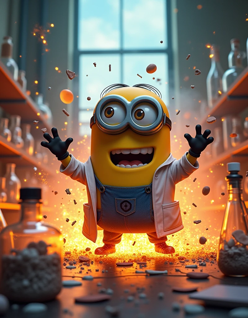 Laboratory in chaos, Minion Kevin wearing a chemical experiment scientist suit exploded out of his