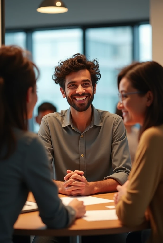 A brown man, short and tousled hair, soft and calm face participates in a team building game with female work colleagues