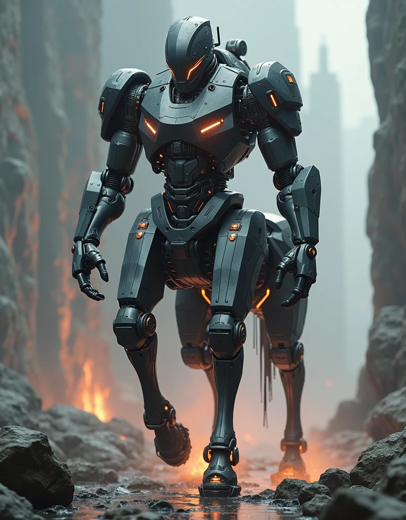 a photo of a gigantic mecha centaur, digital art, charging foward, highly detailed, photorealistic, cinematic lighting, intricate machinery, gleaming black metal and orange neon light, glowing energy, dynamic pose, epic scale, futuristic, science fiction