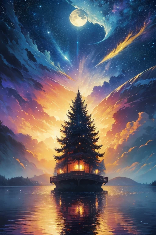 a painting of a lake with a full moon and trees, magical sparkling lake, painting by dan mumford, dan mumford and albert bierstadt, dan mumford paint, glowing reflections, in the style dan mumford artwork, dan mumford and thomas kinkade, el bosco and dan mumford, anton fadeev and dan mumford, stars reflecting on the water, james r. eads
