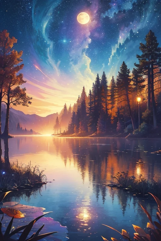 a painting of a lake with a full moon and trees, magical sparkling lake, painting by dan mumford, dan mumford and albert bierstadt, dan mumford paint, glowing reflections, in the style dan mumford artwork, dan mumford and thomas kinkade, el bosco and dan mumford, anton fadeev and dan mumford, stars reflecting on the water, james r. eads
