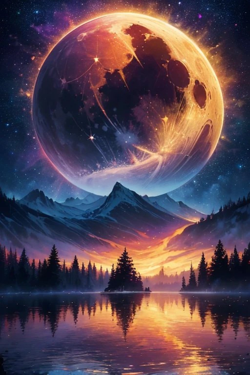 a painting of a lake with a full moon and trees, magical sparkling lake, painting by dan mumford, dan mumford and albert bierstadt, dan mumford paint, glowing reflections, in the style dan mumford artwork, dan mumford and thomas kinkade, el bosco and dan mumford, anton fadeev and dan mumford, stars reflecting on the water, james r. eads