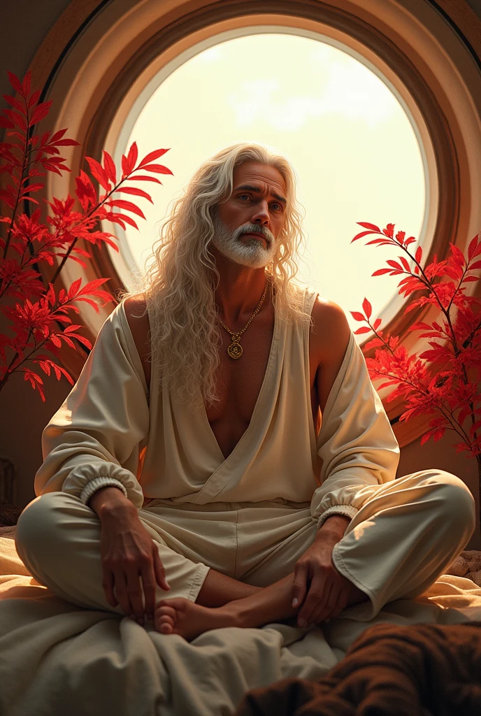 (photorealism:1.2), beautiful man, sitting on space ship, wearing loose off-shoulder top, pajama pants, long curly white hair, indoors, soft lighting, red plants in background, window with sunlight, cozy room, relaxed pose, realistic, intricate details, warm colors, by Greg Rutkowski, by Alphonse Mucha