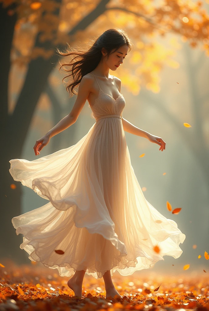 A gentle breeze，Falling leaves，An Asian young girl wearing a transparent dance dress，breasts looming，Walking lightly and dancing。。。