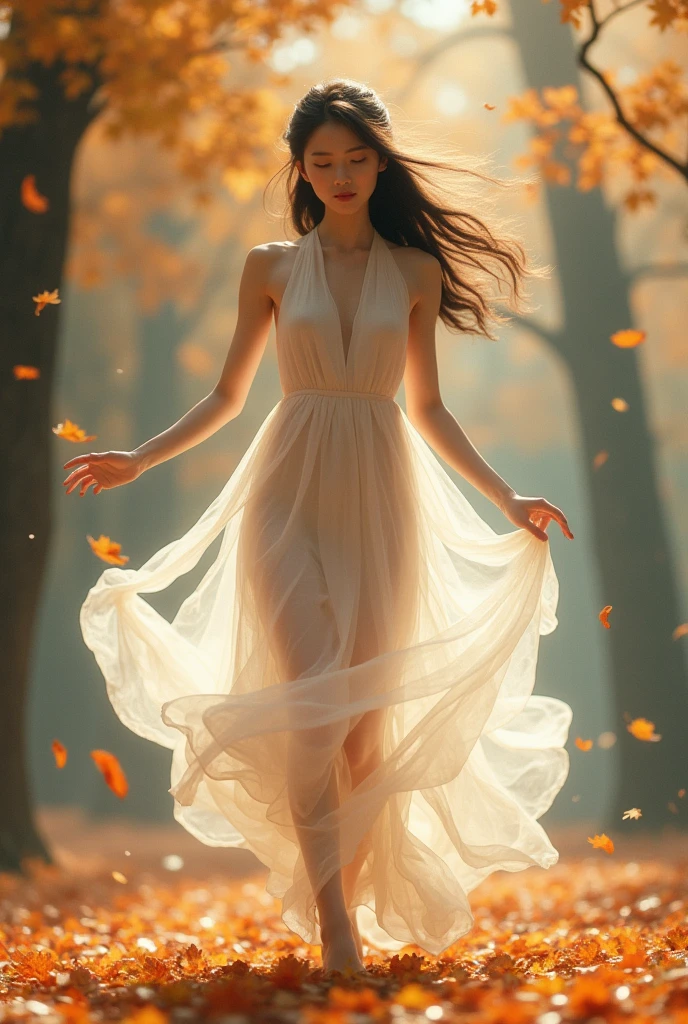 A gentle breeze,Falling leaves,An Asian young girl wearing a transparent dance dress,breasts looming,Walking lightly and dancing。。。