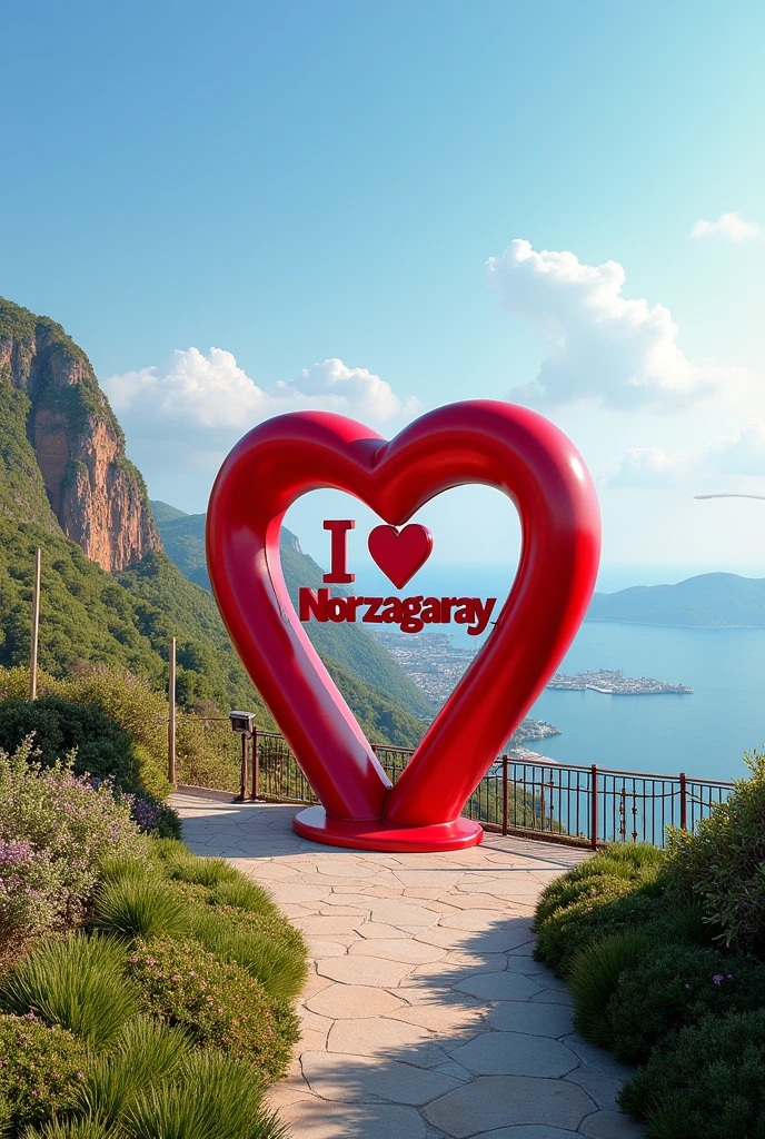 Can you make a " I ❤️ Norzagaray" viewtype with a viewdeck on the back of it, like humans can take a picture near at the "I ❤️ Norzagaray", also make the background like nature view and make a viewdeck on the back of "I ❤️ Norzagaray". make the image clear nd make the spellings are correct