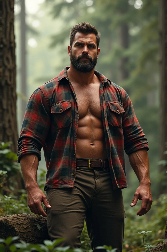 Lumberjack Man Plaid Shirt, tall, muscular and beautiful on the chest 