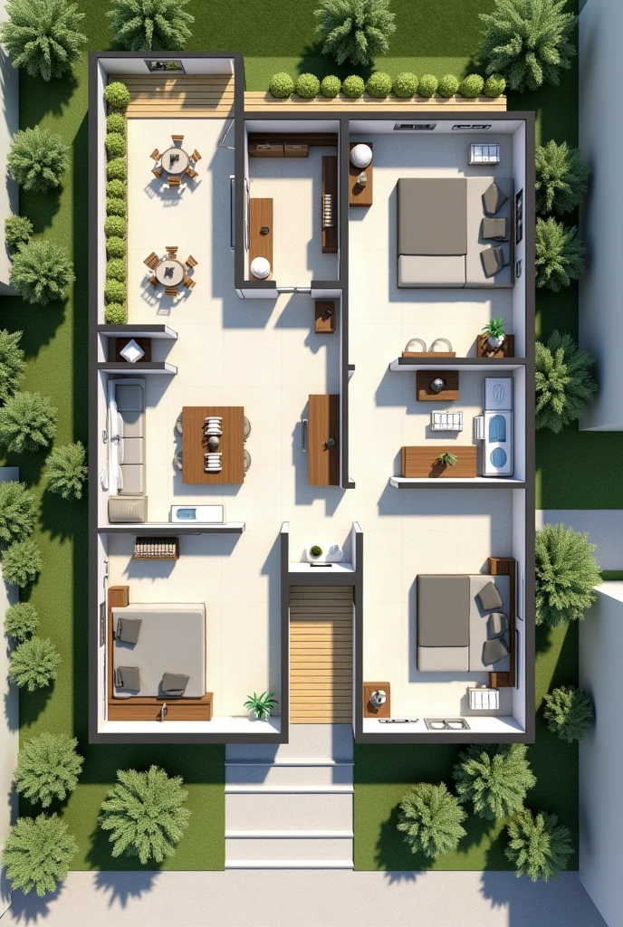 Image of an architectural plan, with 2 small bedrooms, A bathroom, one bedroom with bathroom, two parking spaces, living room, dining room,garden, kitchen and utility room , each with its own ventilation (air) and sunlight, with houses attached to the sides and back, one floor perspective from above