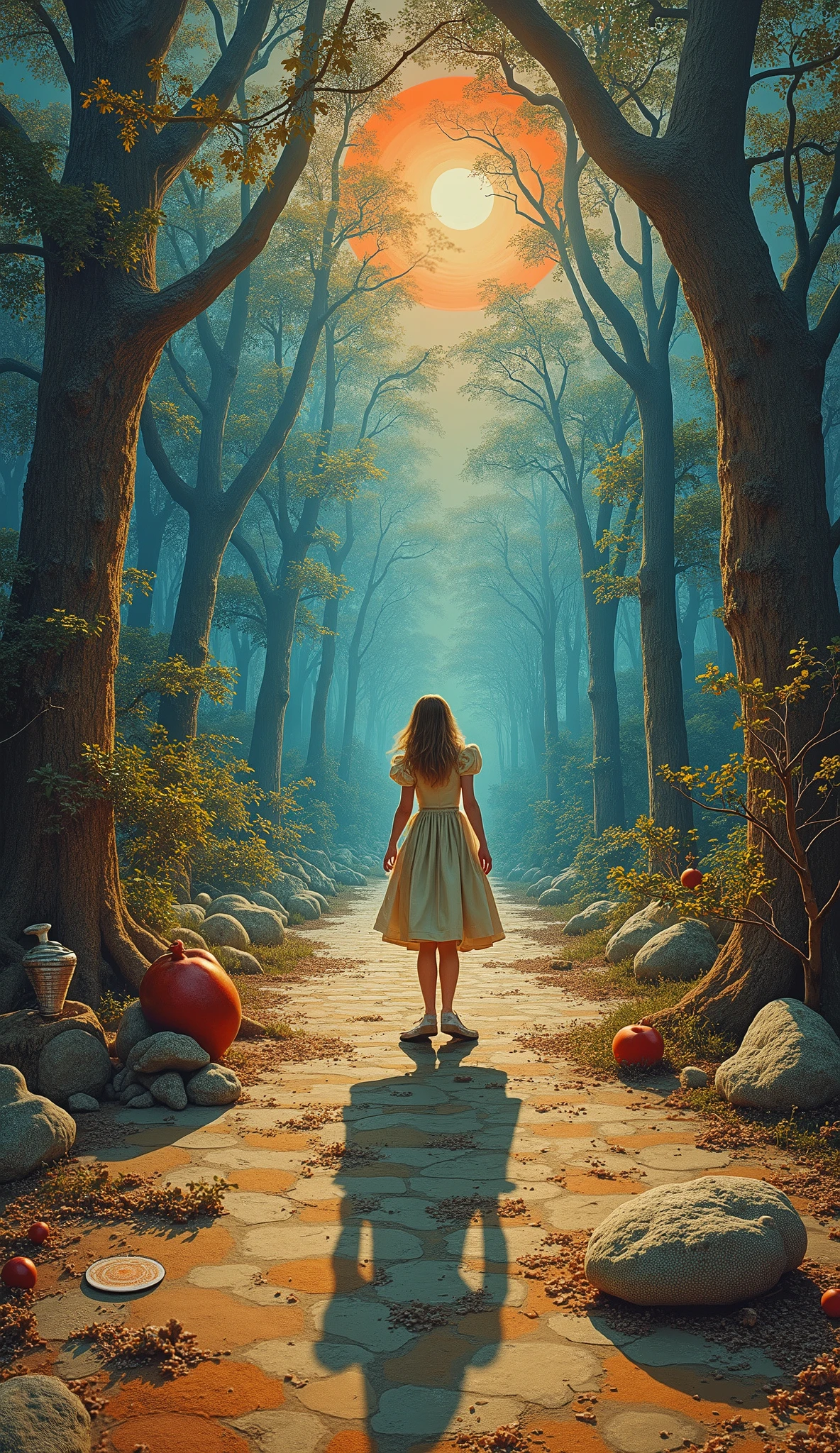 
In the middle of the image is Alice\(Alice in Wonderland,, wondering\), in the world everything is wrong, A Mad Tea-Party, wrong perspective, wrong distance, very out of balance, psychedelic world, time interval is wrong, up-down relationship wrong,The direction of gravity is not correct, the relationship between light and shade is wrong, the shadow of Alice is in a different pose, work by Salvator Dali, collage of realistic photographs, planar expression, many strange creatures,Very flat world,Surrealism, Trompe l'oeil,Apply a squishy distorted filter,Rorschach test picture,very famous outsiders' art