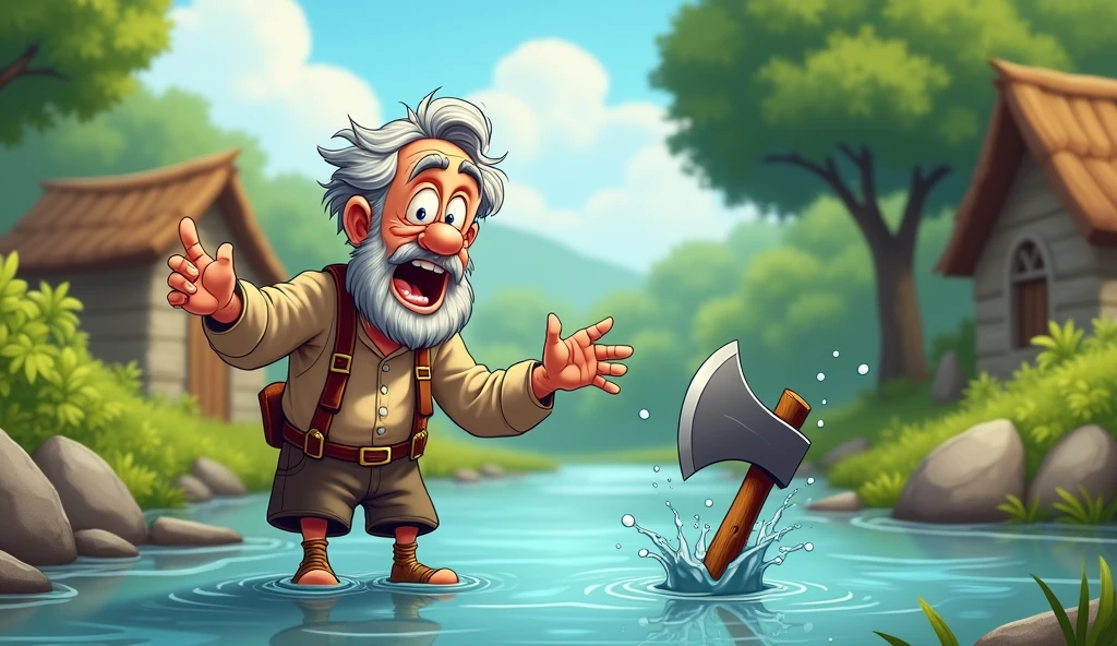 Poor old boy axe slipped and fell into the river water. cartoon