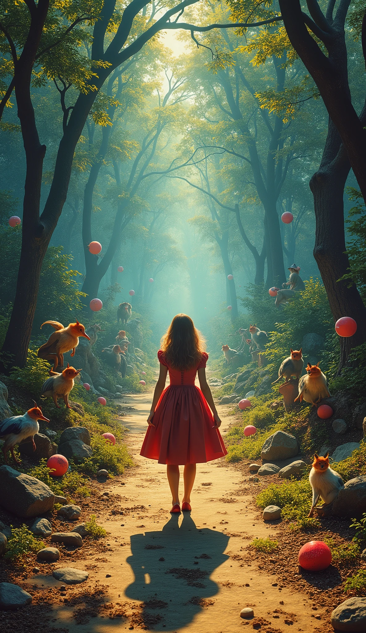 In the middle of the image is Alice\(Alice in Wonderland,, wondering\), in the world everything is wrong, A Mad Tea-Party, wrong perspective, wrong distance, very out of balance, psychedelic world, time interval is wrong, up-down relationship wrong,The direction of gravity is not correct, the relationship between light and shade is wrong, the shadow of Alice is in a different pose, work by Salvator Dali, collage of realistic photographs, planar expression, many strange creatures,Very flat world,Surrealism, Trompe l'oeil,Apply a squishy distorted filter,Rorschach test picture,very famous outsiders' art