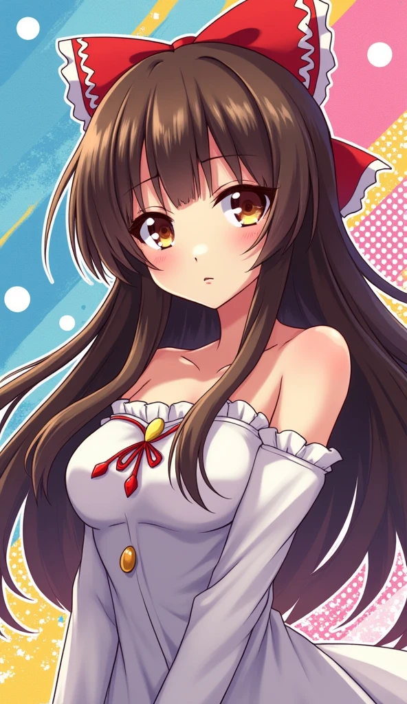 masterpiece, Highest quality, software, colorful, One girl, alone, Hakurei Reimu, Brown Hair, Brown eyes, Long Hair, Hair Tube, Small breasts, Abstract background, Blue background, Pink Background, Yellow background, Polka dot background, (Halftone)