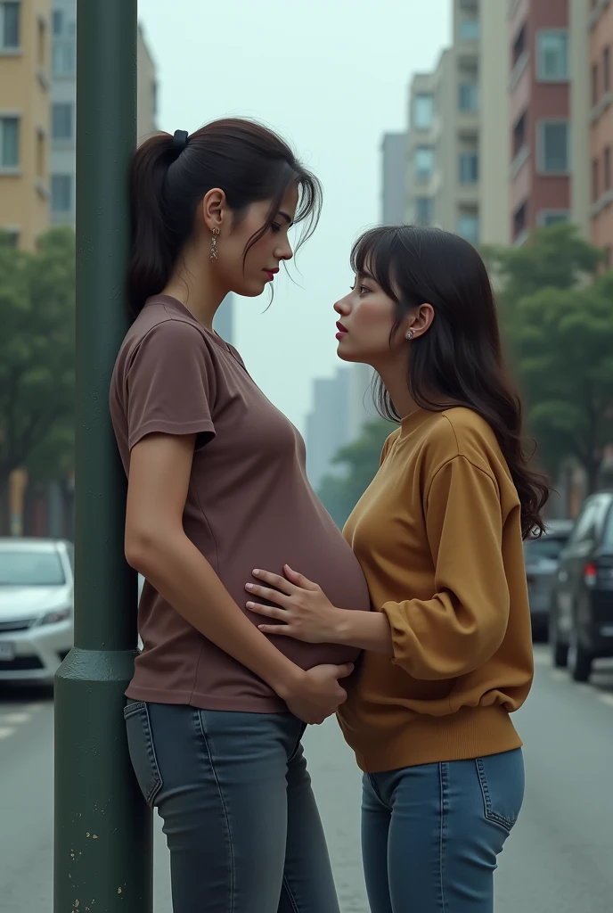 Give me a image of pregnant lady and her sister waiting for ambulance on the road