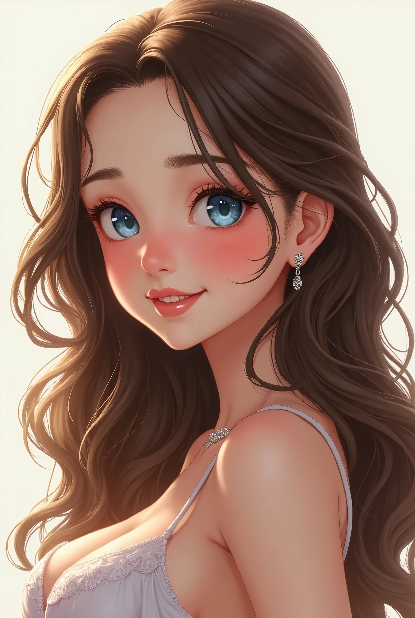 1 girl, Alone, High resolution, smile, blue eyes, Brown hair, High resolution, necessary, Very detailed, Long hair, big breasts, earrings, big breasts, breasts, blush, smile, Multiple views, loop hair,