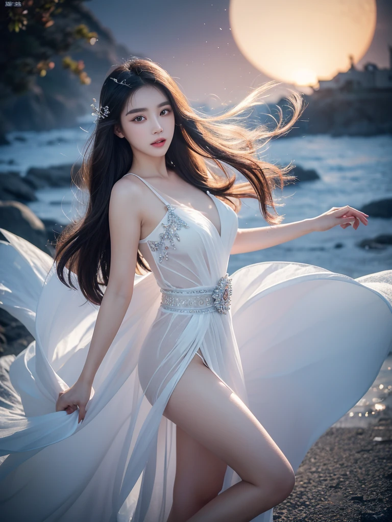 Romantic Rose White Dress 2, Deep in Wonderland,The moonlight falls like water,foggy room,The figure of the heroine is vaguely visible,Just like the fairy in the painting,Slender sexy legs,Very beautiful legs,Exposing sexy,Large Breasts,Beautiful with a hint of mystery。Her face is beautiful and delicate,Like finely carved jade,Showing otherworldly beauty。picturesque eyebrows,The waves in my eyes are like twinkling stars,Show the light of perseverance and wisdom。The bridge of the nose is straight,Lip color like cherry,The slightly raised corners of the mouth reveal confidence and calmness。Her face is chiseled,Skin as fair as jade,Reveal a healthy glow,like a fairy, She never eats fireworks in this world。Her makeup is light and delicate,Not too much embellishment,But enough to show her temperament and charm。Light-colored foundation brings out the transparency of the skin,A light eyebrow pencil outlines her perfect eyebrow shape,Eye makeup is eye shadow and eyeliner,Make her eyes brighter and more energetic。嘴唇涂上elegant的口红,Adds a bit of charm and sophistication。她白色透明的衣服elegant别致,clothes flying,It seems like it will be blown up by the wind at any time,drifting into the distance。既不失elegant,Also showed off her extraordinary skills。A wide belt is tied around the waist,There is a crystal clear jade pendant hanging on it,Swinging with her movements。Her hair is tied back casually,Protect it with Hostas,A few strands of hair are fluttering gently in the wind,Adds a bit of softness。Her figure is looming in the fairyland,宛如一道Large Breasts Beautiful的风景线,Attracted everyone's concern。She seems to be a fairy in wonderland,Large Breasts Beautiful、elegant、mystery、and full of power。8k,beautiful hands、foot,Like a fairy's perfect and natural fingers,foot指。