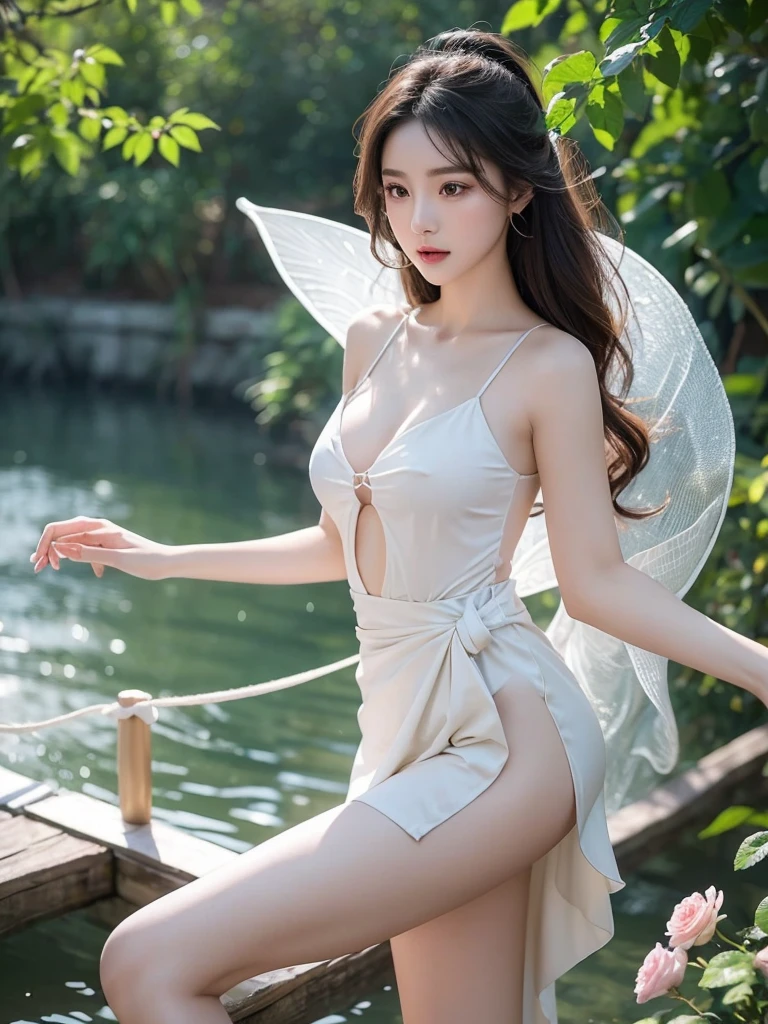 Romantic Rose White Dress 2, Deep in Wonderland,The moonlight falls like water,foggy room,The figure of the heroine is vaguely visible,Just like the fairy in the painting,Slender sexy legs,Very beautiful legs,Exposing sexy,Large Breasts,Beautiful with a hint of mystery。Her face is beautiful and delicate,Like finely carved jade,Showing otherworldly beauty。picturesque eyebrows,The waves in my eyes are like twinkling stars,Show the light of perseverance and wisdom。The bridge of the nose is straight,Lip color like cherry,The slightly raised corners of the mouth reveal confidence and calmness。Her face is chiseled,Skin as fair as jade,Reveal a healthy glow,like a fairy, She never eats fireworks in this world。Her makeup is light and delicate,Not too much embellishment,But enough to show her temperament and charm。Light-colored foundation brings out the transparency of the skin,A light eyebrow pencil outlines her perfect eyebrow shape,Eye makeup is eye shadow and eyeliner,Make her eyes brighter and more energetic。嘴唇涂上elegant的口红,Adds a bit of charm and sophistication。她白色透明的衣服elegant别致,clothes flying,It seems like it will be blown up by the wind at any time,drifting into the distance。既不失elegant,Also showed off her extraordinary skills。A wide belt is tied around the waist,There is a crystal clear jade pendant hanging on it,Swinging with her movements。Her hair is tied back casually,Protect it with Hostas,A few strands of hair are fluttering gently in the wind,Adds a bit of softness。Her figure is looming in the fairyland,宛如一道Large Breasts Beautiful的风景线,Attracted everyone's concern。She seems to be a fairy in wonderland,Large Breasts Beautiful、elegant、mystery、and full of power。8k,beautiful hands、foot,Like a fairy's perfect and natural fingers,foot指。