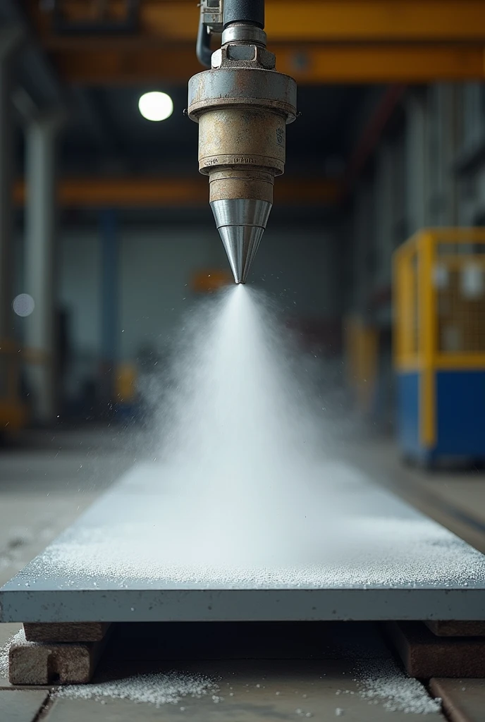 sandblasting using a overhead crane, the sandblasting nozzle fix to the overheadcrane, the plate parrellel to the ground and nozzle perpendicular to the plate