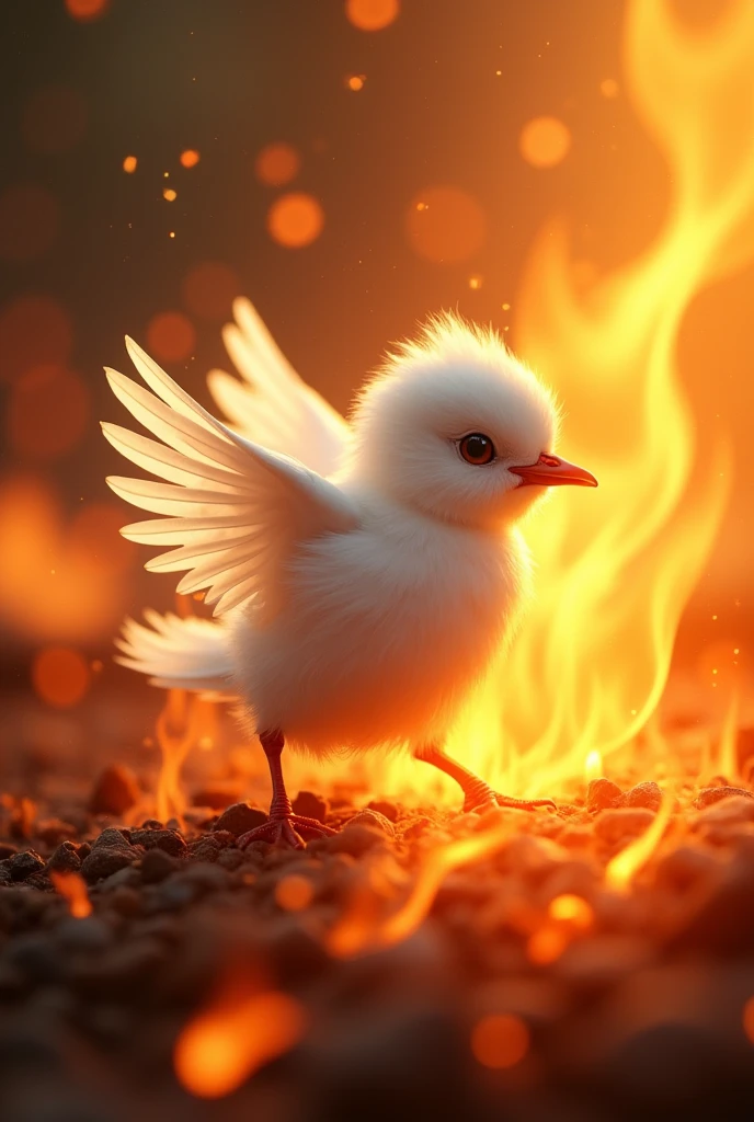 A little white bird coming out of the flames