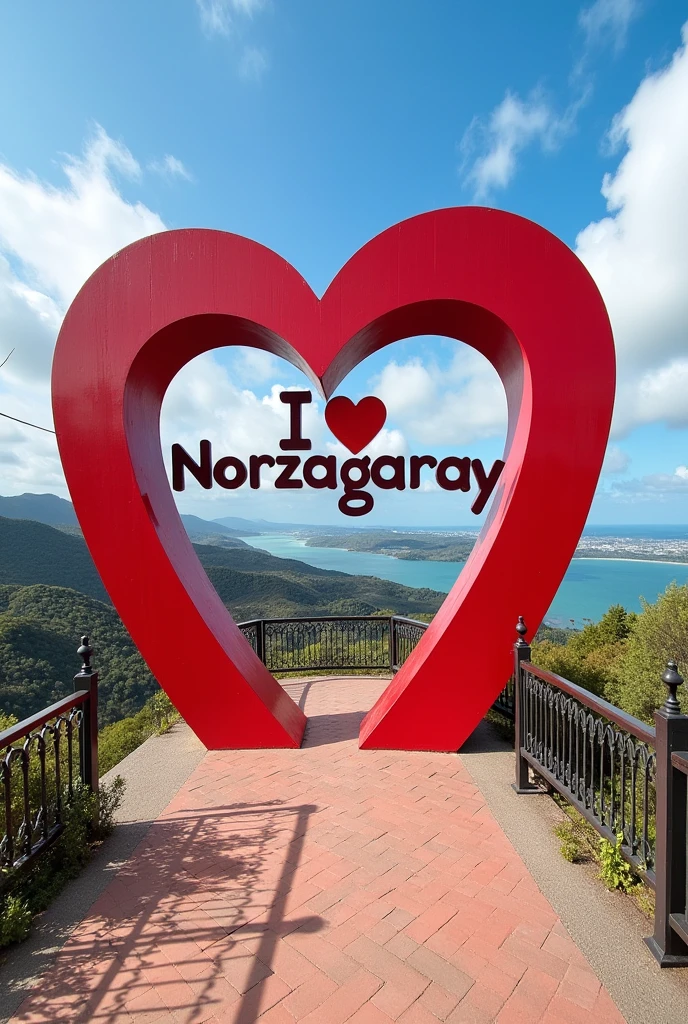 Can you make a " I ❤️ Norzagaray" viewtype with a viewdeck on the back of it, like humans can take a picture near at the "I ❤️ Norzagaray", also make the background like nature view and make a viewdeck on the back of "I ❤️ Norzagaray". make the image clear nd make the spellings are correct
