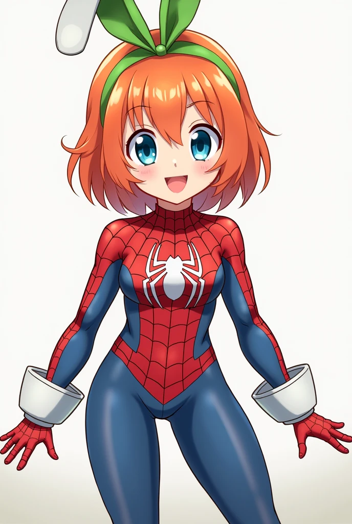 Yotsuba nakano short orange hair, green ribbon on the head in the shape of a rabbit,blue eyes, at 2, full body, older and wearing a spiderman suit with a white spider and white protections on her hands