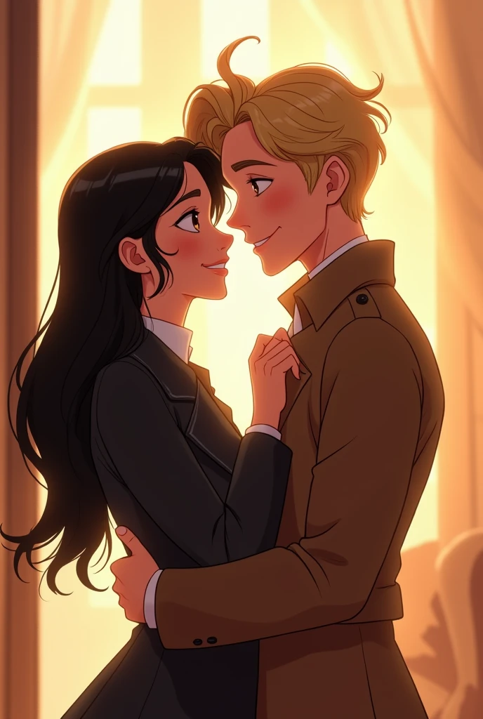 Illustration of a cute couple, 突出一个穿着风衣的湿漉漉的woman, Black Hair，Wear a black trench coat. 金发woman，Beautiful eyes，God，Dress appropriately, ,woman's skin is fair, woman&#39;Straight hair，Light Brown. They are a bright room, Everyone has a smile on their face, and share a special moment characterized by love, view. Describe the scene from their perspective as they face the camera, Smile and show your connection. Develop this art in full HD, Focus on your film talent, Disney Pixar animation style