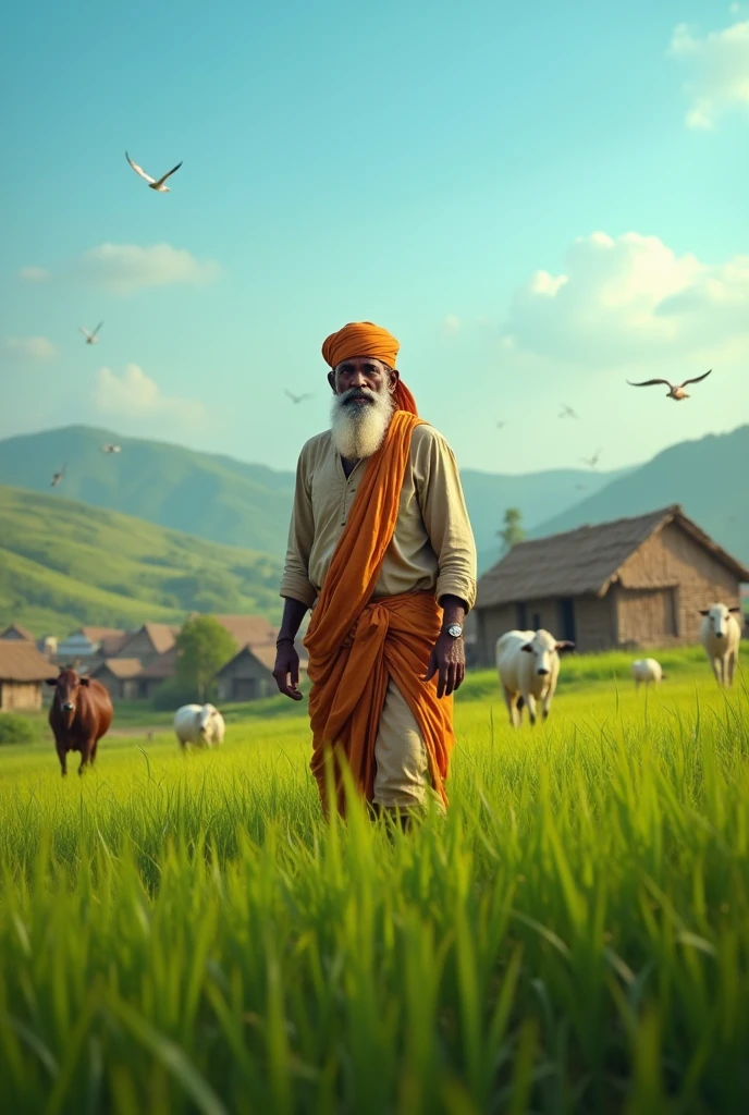 "A realistic 4K image of an honest Indian farmer (Imandar Kisan) standing in a lush green field, with a traditional village in the background. The scene includes thatched huts, grazing cattle, and a clear blue sky. Birds are flying in the sky, adding a sense of peace and harmony to the rural landscape."