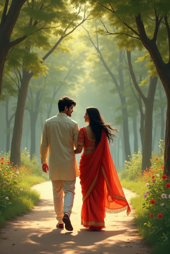 Ek khubsurat indian girl in saari walking with her boyfriend in park