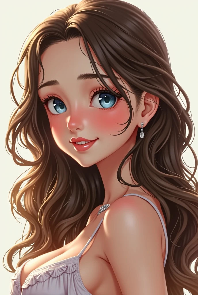 1 girl, Alone, High resolution, smile, blue eyes, Brown hair, High resolution, necessary, Very detailed, Long hair, big breasts, earrings, big breasts, breasts, blush, smile, Multiple views, loop hair,