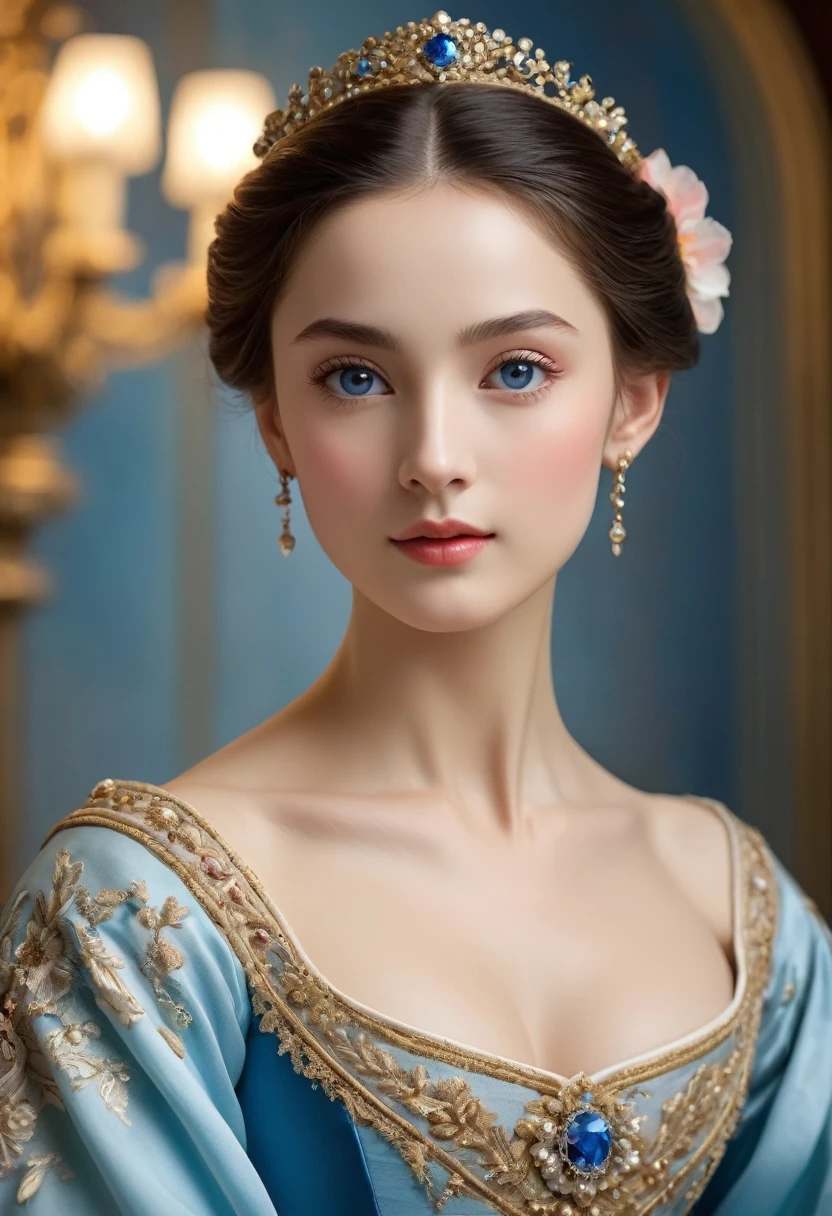 (high resolution,masterpiece:1.2),(Practical:1.37)"(best quality, high resolution, Extremely detailed, Practical),Beautiful portrait of a 19th century French ballerina, (She is of French and Japanese descent., She is a beautiful woman,With deep blue eyes and a high nose:1.1), Exquisite ballet costumes, Detailed facial features, Slender and graceful neck, Flowing long hair, Elegant Posture, Soft and delicate lighting, Oil painting medium, Vibrant colors, Subtle background with floral pattern"