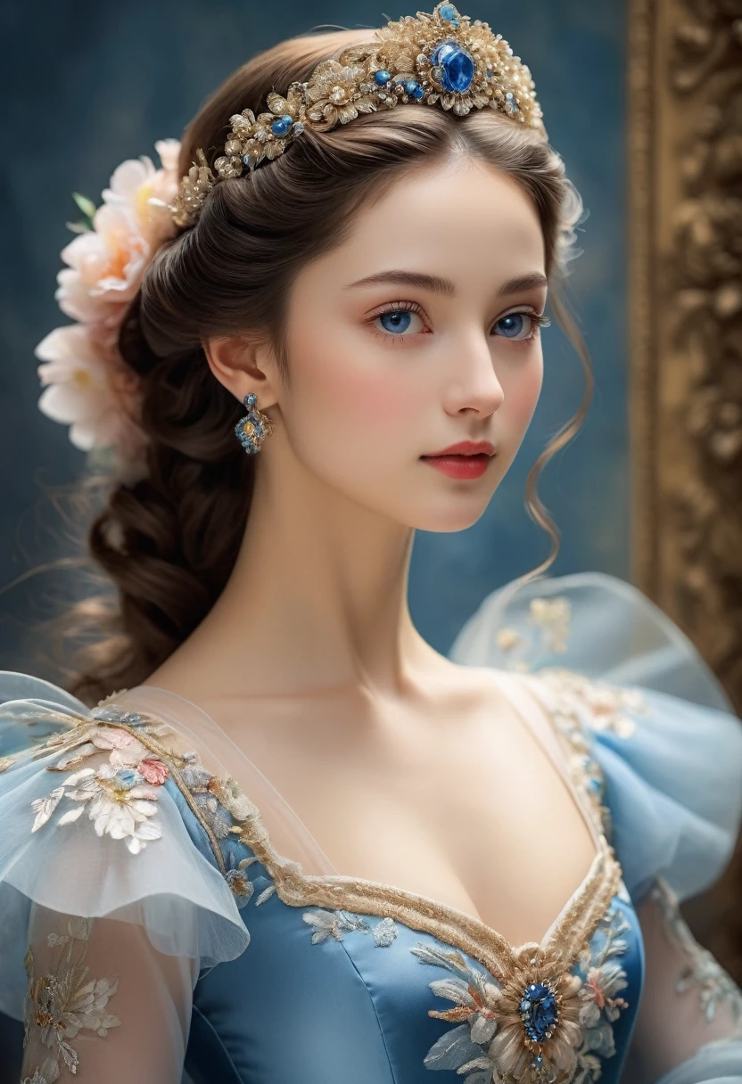 (high resolution,masterpiece:1.2),(Practical:1.37)"(best quality, high resolution, Extremely detailed, Practical),Beautiful portrait of a 19th century French ballerina, (She is of French and Japanese descent., She is a beautiful woman,With deep blue eyes and a high nose:1.1), Exquisite ballet costumes, Detailed facial features, Slender and graceful neck, Flowing long hair, Elegant Posture, Soft and delicate lighting, Oil painting medium, Vibrant colors, Subtle background with floral pattern"