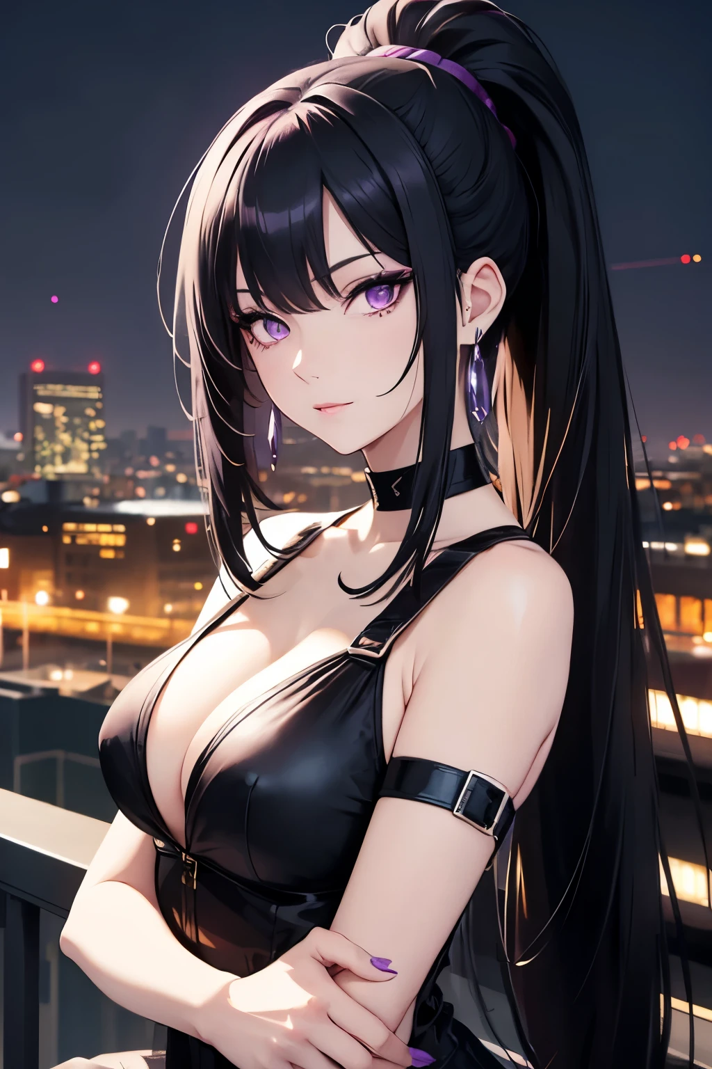 Beautiful mature anime woman, very long black hair, bangs, pale skin, purple eyes, ponytail, choker, posing for camera, city background, night time, glowing city lights, detailed face, pretty eyes