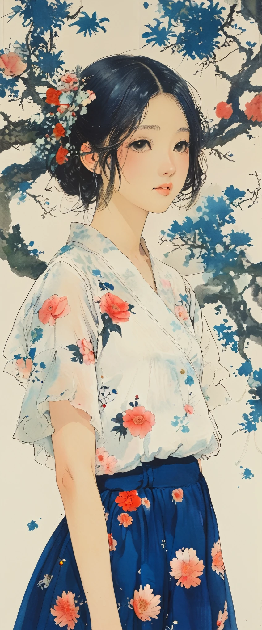 style of Kawanabe Kyosai, Asian、high school girl、Bobcut、White blouse、Blue long skirt、Floral Background