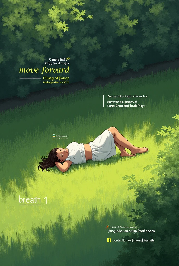 Background of a person relaxing on a lawn and in the image there are texts that say breathe and move forward and another in a corner that says city of Faith garden, 4:00pm and another that says for more information at 7256-2196 or 8449-0344
