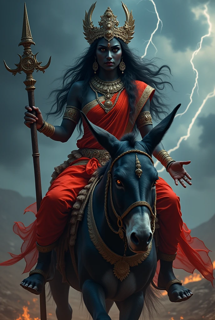 **Prompt:** "Create an ultra-realistic image of the fierce and beautiful Goddess Kalaratri, depicted in a striking red saree with a matching blouse. The saree should be vibrant and richly detailed, contrasting with her dark black complexion, which symbolizes the night and her fearsome power. Her face should be both fierce and captivating, with large, intense eyes that radiate strength and determination. Despite her fearsome appearance, there should be an underlying sense of divine beauty and grace.

Goddess Kalaratri should be depicted with two hands. Her right hand is in a blessing posture, offering protection and fearlessness to her devotees. In her left hand, she holds a majestic, deadly iron hook, symbolizing her power to destroy evil and ignorance.

She should be mounted on an extremely large and powerful donkey, symbolizing her unyielding force and ability to vanquish darkness. The donkey should be depicted with a strong, muscular build, exuding both power and determination, perfectly complementing the goddess's fierce presence.

The background should be a dark, stormy landscape, with flashes of lightning illuminating the scene, reflecting her association with destruction and her role as a protector against evil forces. The overall image should capture the essence of Goddess Kalaratri’s ferocity, strength, and protective nature, presented in a highly realistic and detailed manner, with her red saree and deadly weapon emphasizing her divine power."