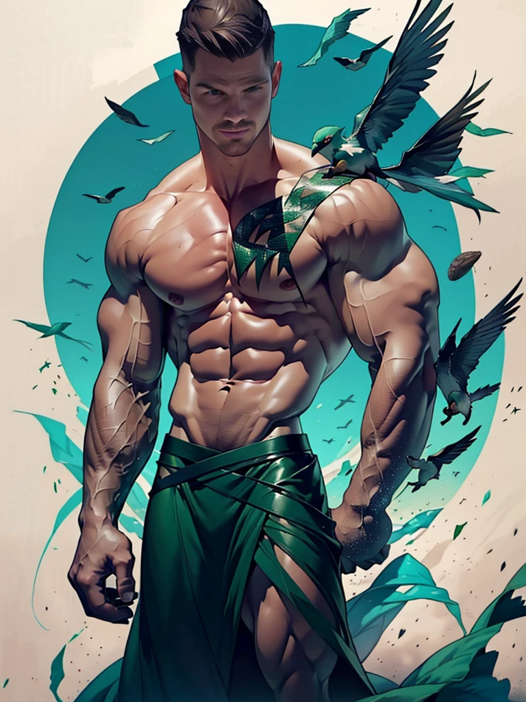 dark blue background,white mist,A handsome tall man (((Stephen AMELL))) floating in the night,He is 2,Thin waist,The pectoral muscles are well developed, He is 175cm tall,Weight 72 kg、blue-green eyes、brown hair color、short hair、Toplesuscle,The body is slightly covered with transparent dark green gauze,You can see the body underneath, Countless birds flying in the sky,underwear,Black feather,looking TO THE VIEWER,smiling