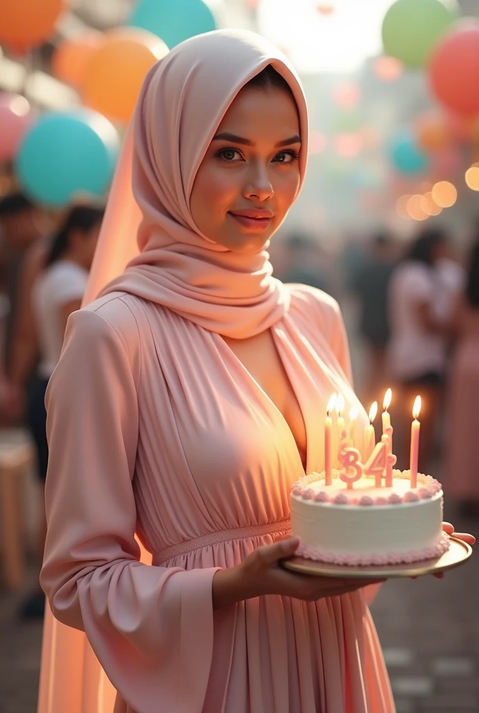hijab indonesian fair skin women, sexy body, tight breast, wearing pastel colour dress with holding 34th birthday cake