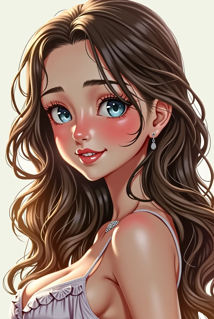 1 girl, Alone, High resolution, smile, blue eyes, Brown hair, High resolution, necessary, Very detailed, Long hair, big breasts, earrings, big breasts, breasts, blush, smile, Multiple views, loop hair, 
