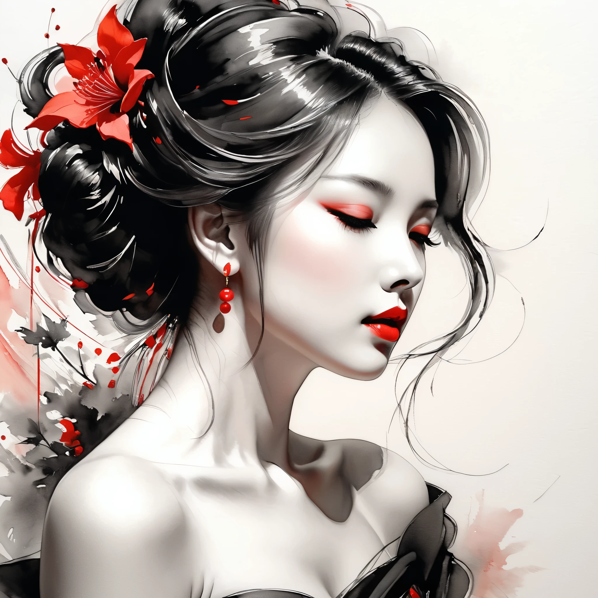 elegant maiden,black andwhite水墨画,pen sketch drawing,loose brushwork,Pen outlines delicate lines,Fluid action,Subtle shades of paint,elegant posture,A peaceful expression,Delicate facial features,black andwhite,to clean, small red color.