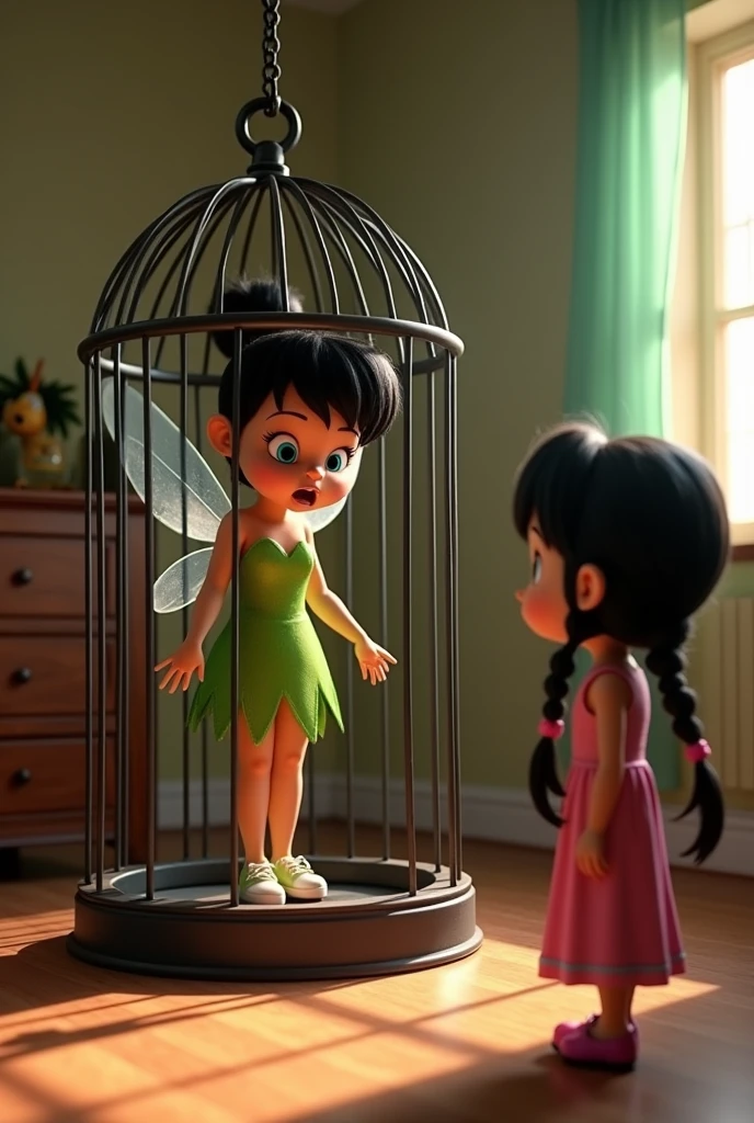 Pixar 4D image,  tinkerbell exactly like the original, green dress, but with black hair, brown skin, dark shaped eyes, trapped in a cage with fear, with a cute  Pixar girl looking at her from afar, behind tinkerbell , Out of the cage, with knee-length pink peasant dress, two braids in the hair, maroon hair, dark shaped eyes, Caucasian skin, in her room, tinkerbell bigger than the  