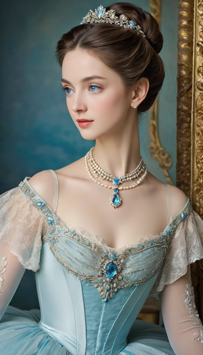 (high resolution,masterpiece:1.2),(Practical:1.37)"(best quality, high resolution, Very detailed, Practical),Beautiful portrait of a 19th century French ballerina, (She is half Scottish，Half Japanese., She is absolutely stunning..，With ice blue eyes and a high nose.:1.1), Exquisite ballet costumes, Detailed facial features, Slender and graceful neck, Aquamarine necklace, Flowing long hair, Calm and elegant posture, charm