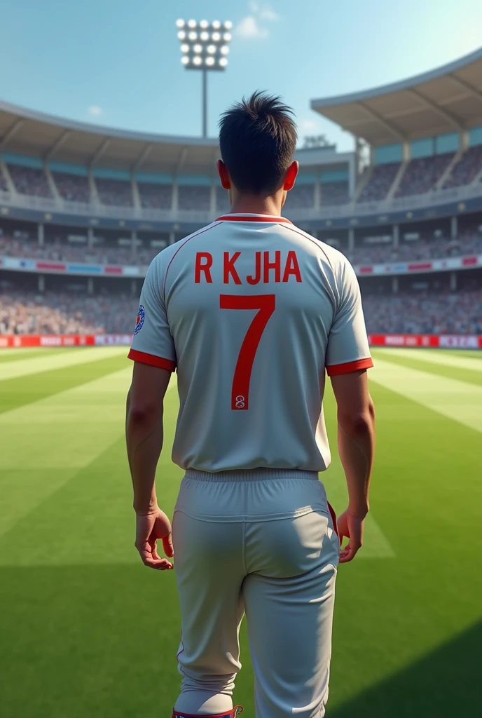 Create a picture of Cricket player wearing T-shirts with writen back side R K Jha and Below the name no.7 including Cricket Ground in background